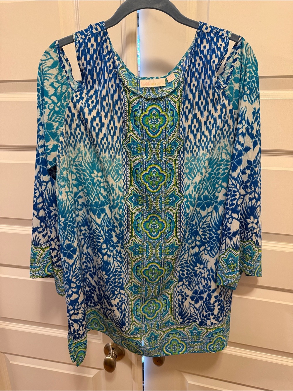 Belle by Kim Gravel Blue, Teal & White Cold-Shoulder Tunic